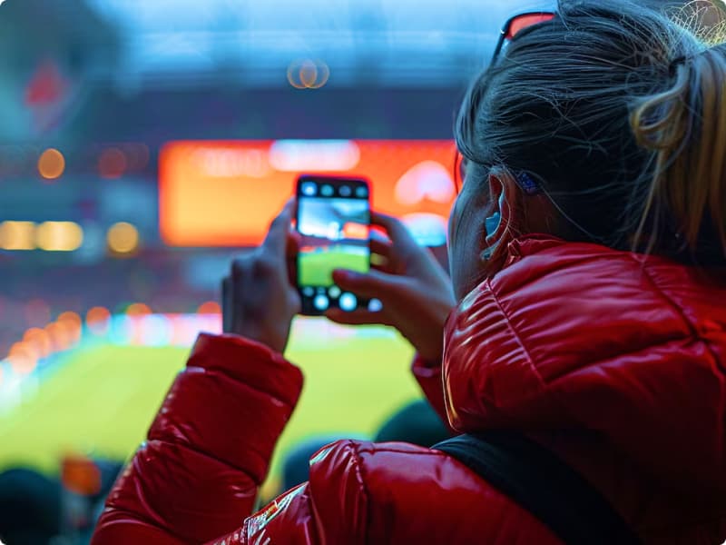 Mulher loira com blusa vermelha de frio segura um celular com as duas mãos enquanto o aponta para um campo de futebol durante uma partida de algum esporte. Ao fundo, arquibancada e telão desfocados junto ao campo.