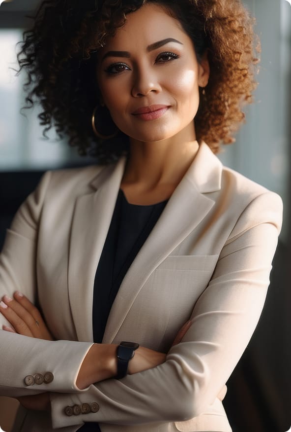 Mulher negra com cabelos encaracolados, blusa preta e blazer bege olhando para frente com um leve sorriso.